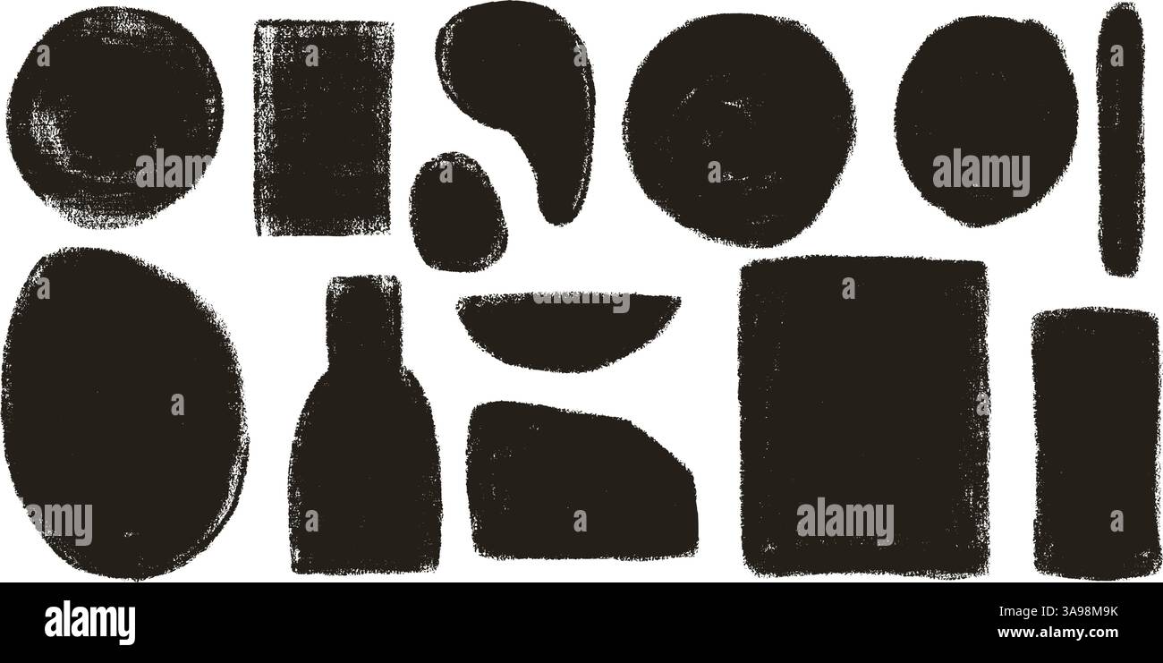 Geometric shapes linocut rough set. Circle, ellipse, rectangle text boxes. Abstract japandi vase decor. Vector geometry grafitti spray shapes. Hand dr Stock Vector