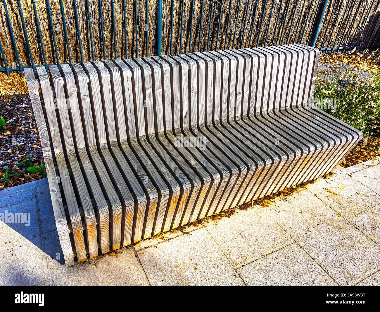 Wooden bench seat made from natural material - La Roche Posay, Vienne (86), France. Stock Photo