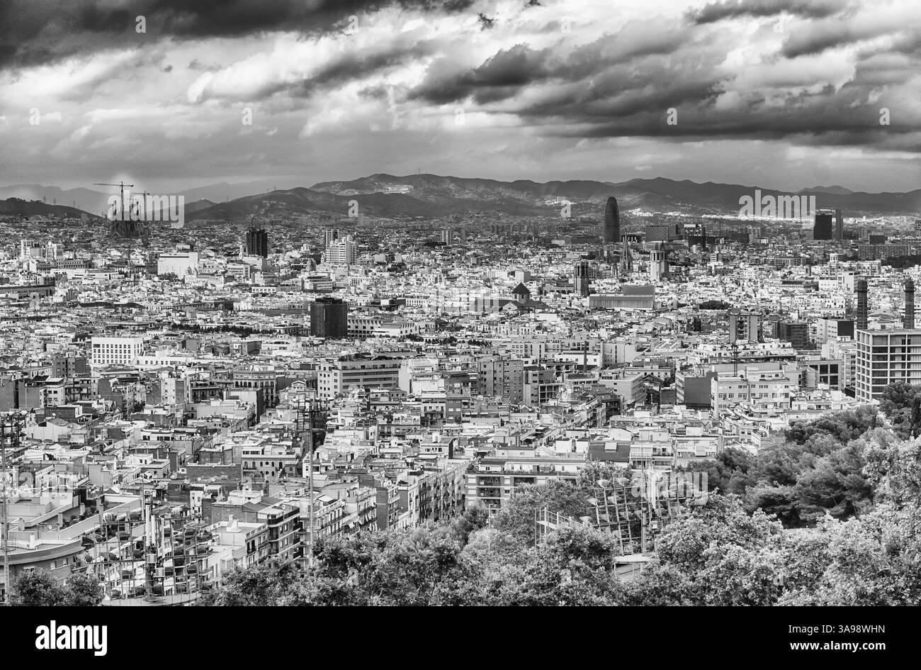 Scenic aerial view with the cityscape of central Barcelona, as seen from Montjuic cable car, Barcelona, Catalonia, Spain Stock Photo