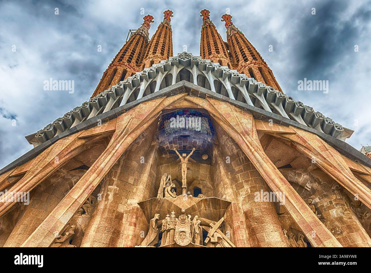 BARCELONA - AUGUST 9: The Passion Facade of the Sagrada Familia, the ...