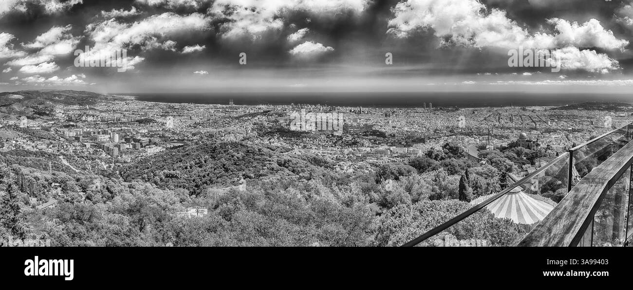 Panoramic aerial view from Tibidabo mountain over the city of Barcelona, Catalonia, Spain Stock Photo