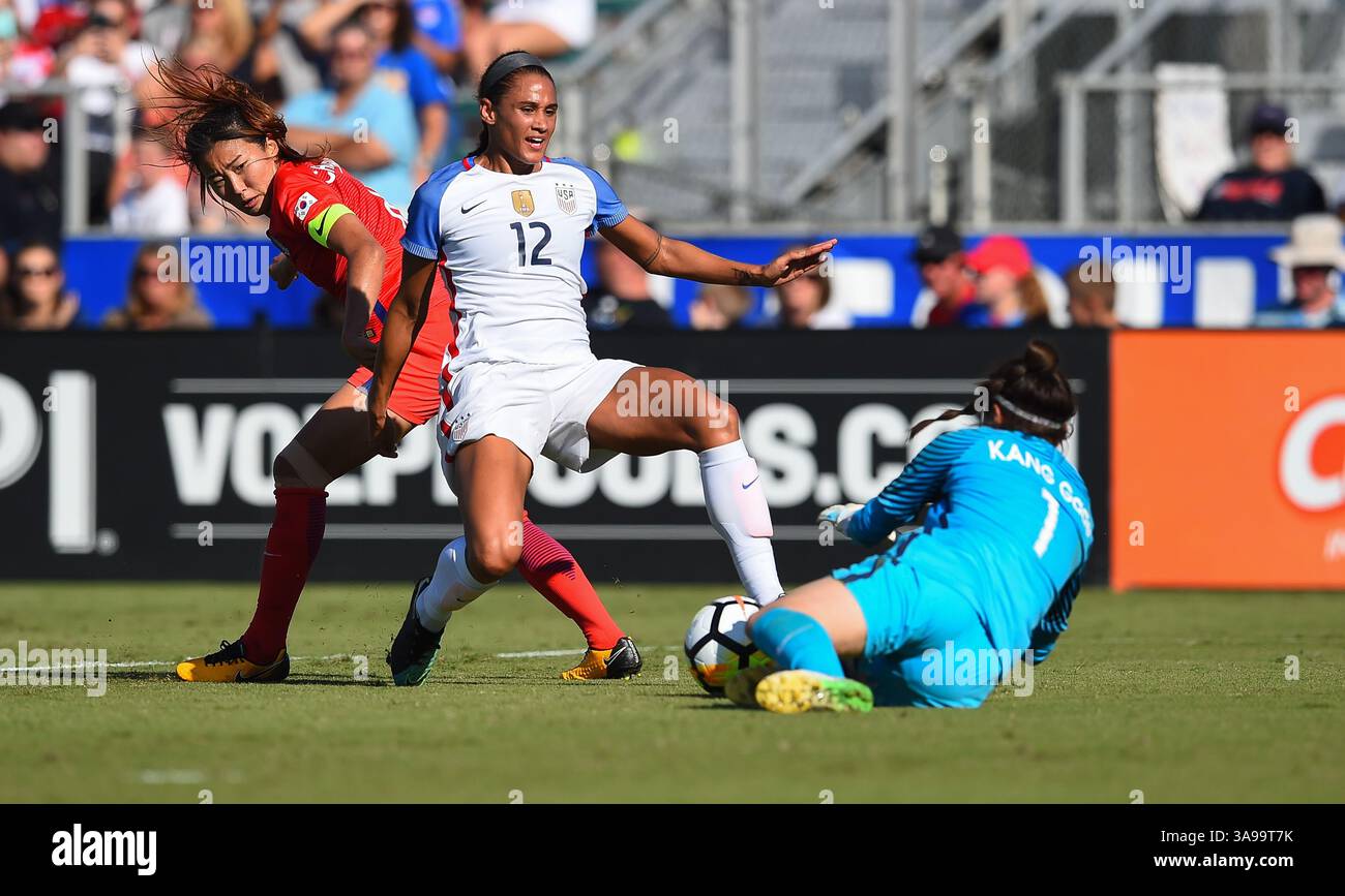 October 22, 2017 - Cary, NC, USA - Cary, NC - Sunday October 22, 2017: Cho Sohyun, Lynn Williams, Kang Gaae during an International friendly match between the Women's National teams of the United States (USA) and South Korea (KOR) at Sahlen's Stadium at WakeMed Soccer Park. (Credit Image: © Brad Smith/ISIPhotos via ZUMA Wire) Stock Photo