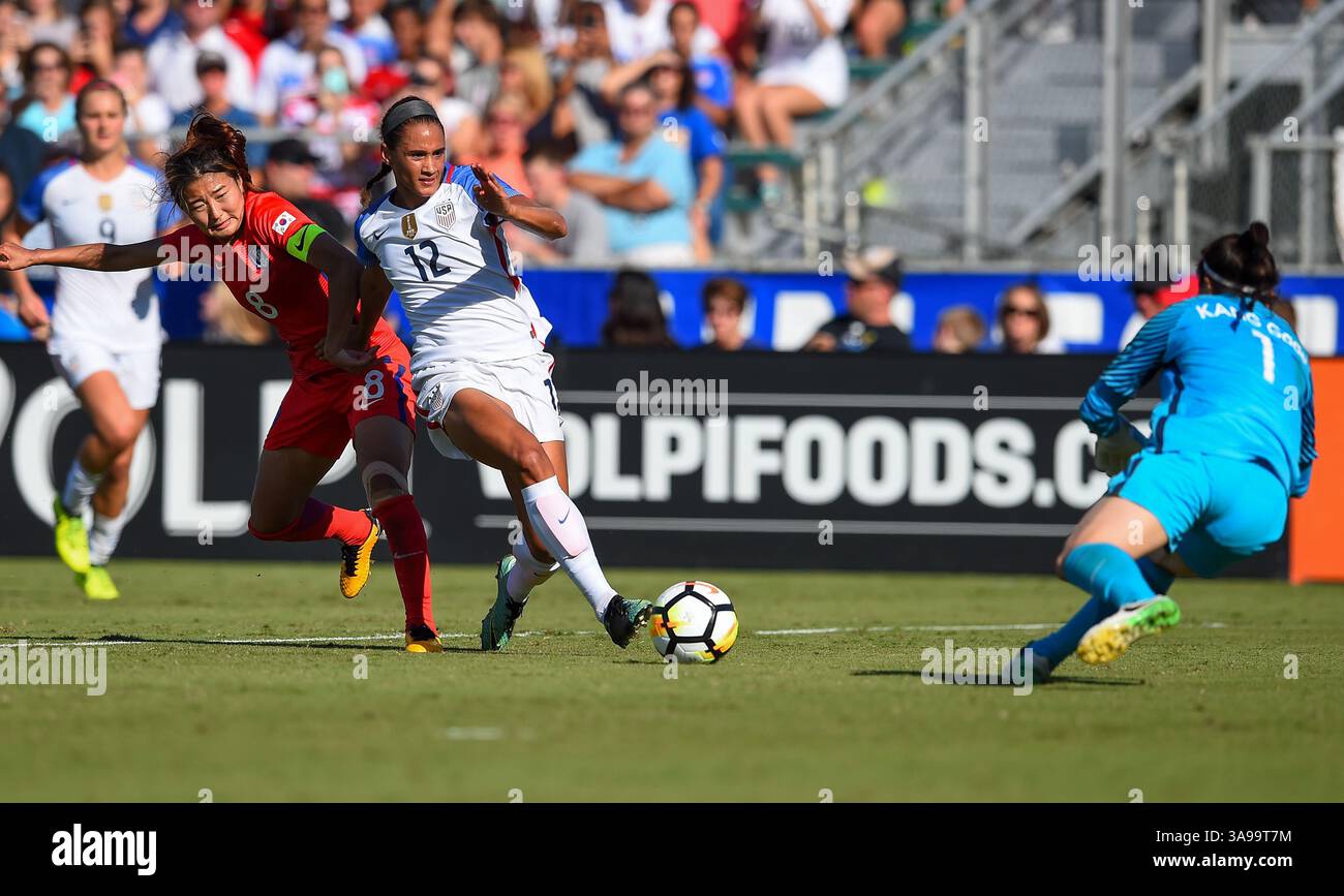 October 22, 2017 - Cary, NC, USA - Cary, NC - Sunday October 22, 2017: Cho Sohyun, Lynn Williams, Kang Gaae during an International friendly match between the Women's National teams of the United States (USA) and South Korea (KOR) at Sahlen's Stadium at WakeMed Soccer Park. (Credit Image: © Brad Smith/ISIPhotos via ZUMA Wire) Stock Photo