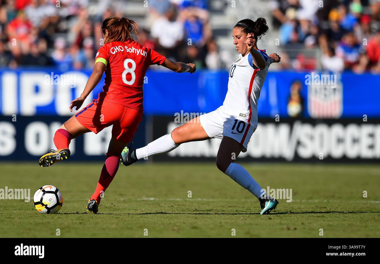 October 22, 2017 - Cary, NC, USA - Cary, NC - Sunday October 22, 2017: Cho Sohyun, Carli Lloyd during an International friendly match between the Women's National teams of the United States (USA) and South Korea (KOR) at Sahlen's Stadium at WakeMed Soccer Park. (Credit Image: © Brad Smith/ISIPhotos via ZUMA Wire) Stock Photo