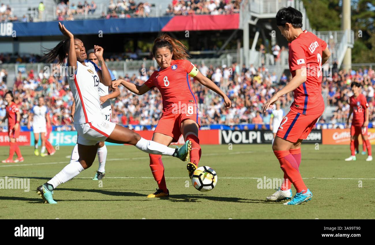 October 22, 2017 - Cary, NC, USA - Cary, NC - Sunday October 22, 2017: Crystal Dunn, Cho Sohyun during an International friendly match between the Women's National teams of the United States (USA) and South Korea (KOR) at Sahlen's Stadium at WakeMed Soccer Park. (Credit Image: © Brad Smith/ISIPhotos via ZUMA Wire) Stock Photo