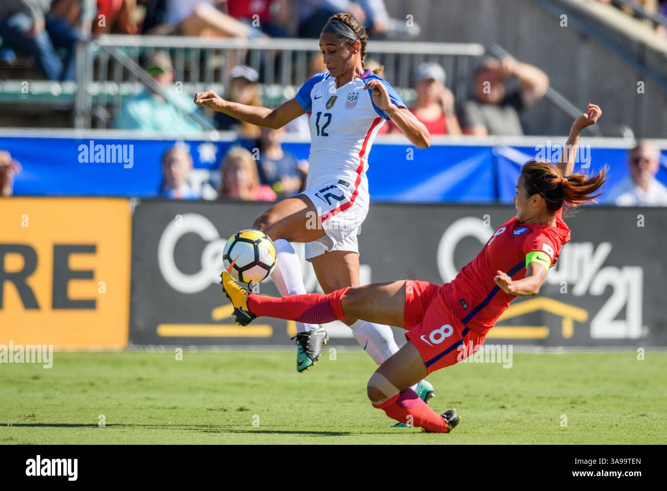 US Forward Lynn Williams (12) and Korea Defender Cho Sohyun (8) during the Women's International Soccer match between Korea and the United States at WakeMed Soccer Park in Cary, NC on October 22, 2017. Jacob Kupferman/CSM(Credit Image: &copy; Jacob Kupferman/CSM via ZUMA Wire) Stock Photo