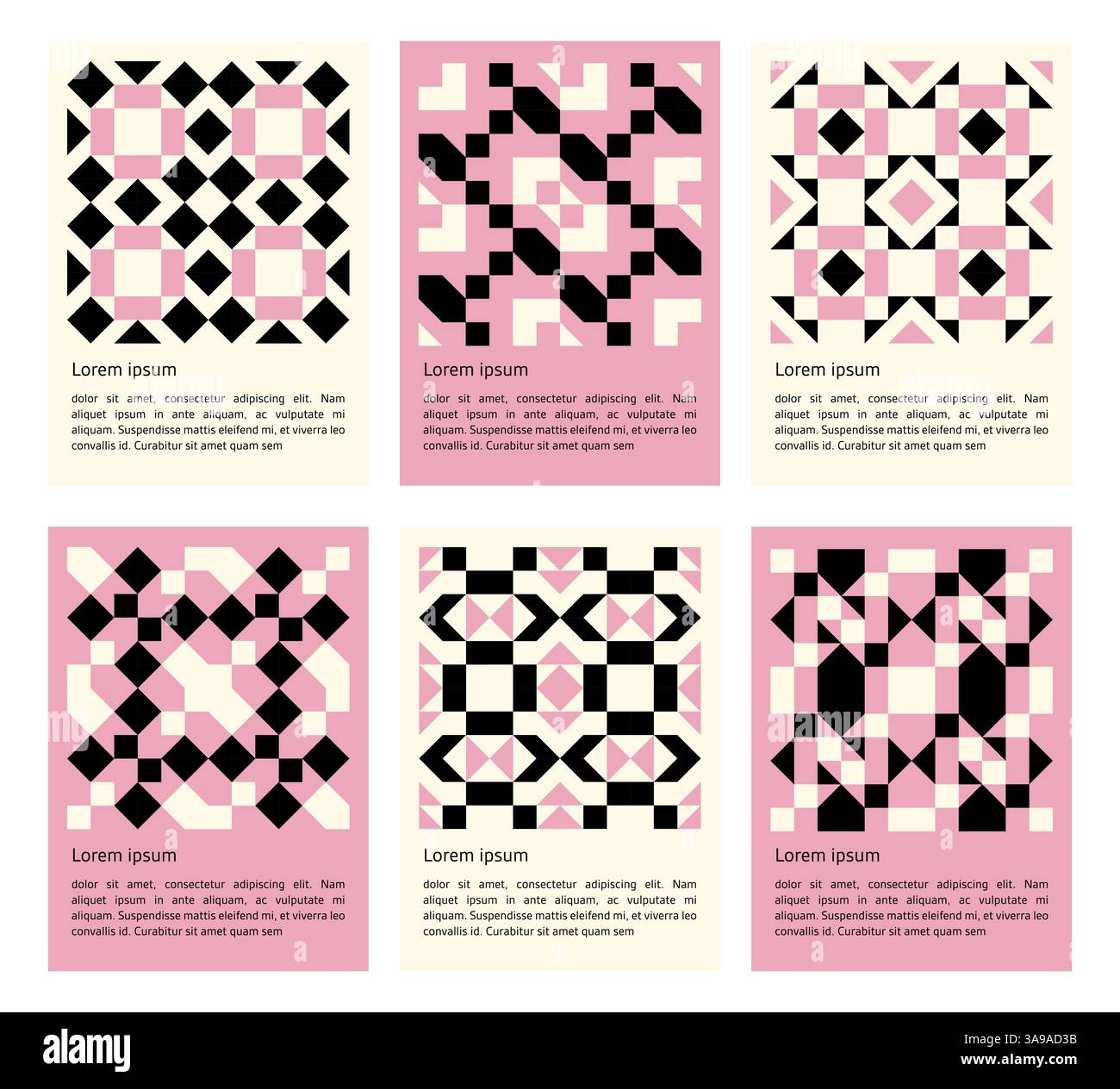 set of geometric abstract mosaic black shapes pattern poster, seamless elements collection made of triangles and squares, pixel elements form, modern Stock Vector