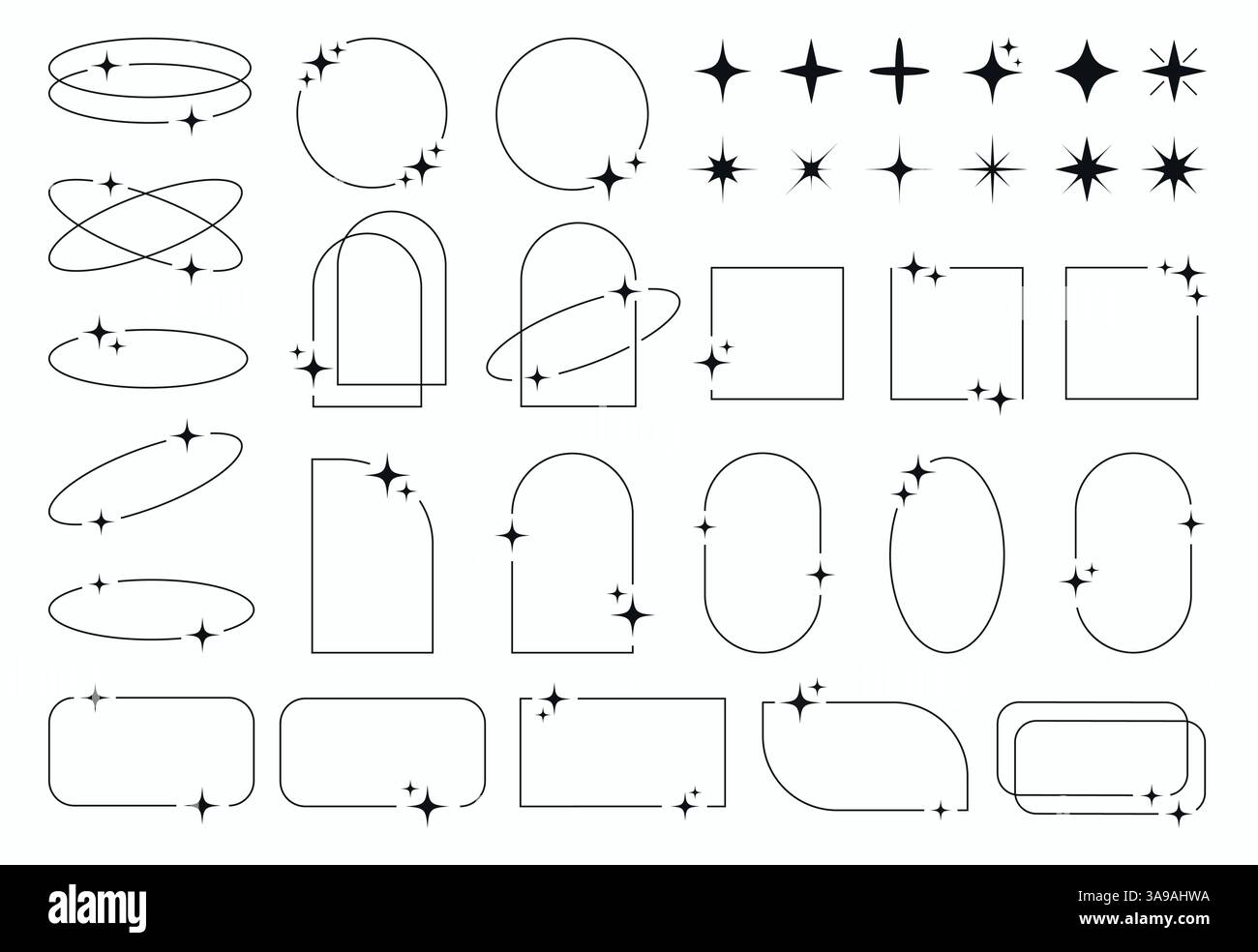 set of minimalistic modern y2k line frames with stars shapes. collection of sparkling vector frame geometric elements circle, square, rectangle. Stock Vector