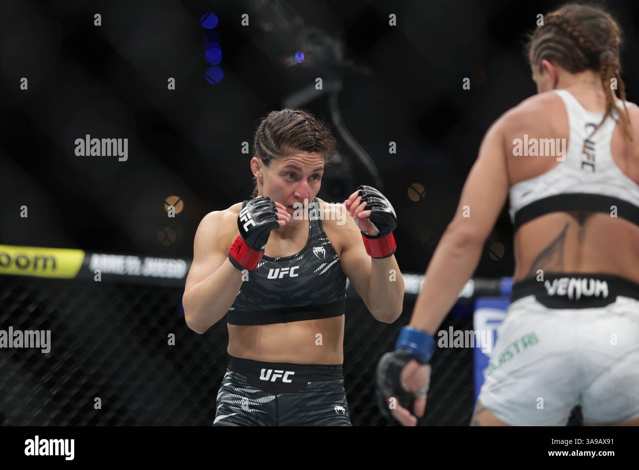 Loopy Godinez of Mexico (L)  against Julia Polastri of Brazil  in a strawweight fight during the UFC Fight Night event at Mexico City Arena. on March 29, 2025 in Mexico City, Mexico. (Photo by Ismael Rosas/ Eyepix Group/Sipa USA) Stock Photo