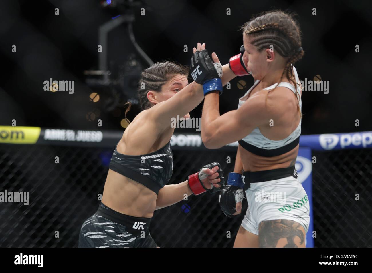 Loopy Godinez of Mexico (L)  punches Julia Polastri of Brazil  in a strawweight fight during the UFC Fight Night event at Mexico City Arena. on March 29, 2025 in Mexico City, Mexico. (Photo by Ismael Rosas/ Eyepix Group/Sipa USA) Stock Photo