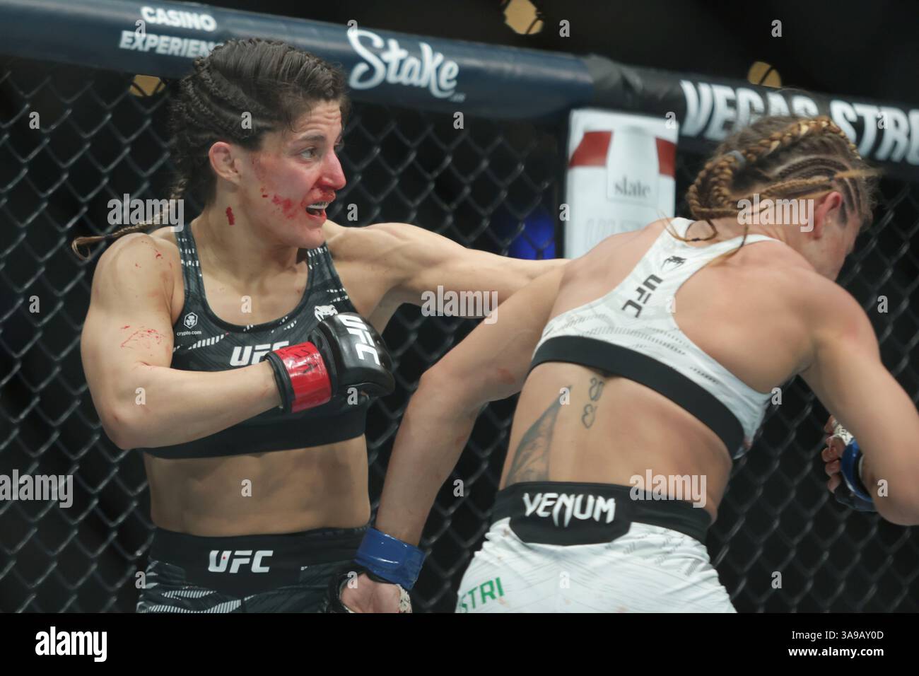 Mexico City, Mexico. 30th Mar, 2025. Julia Polastri of Brazil (R) punches Loopy Godinez of Mexico in a strawweight fight during the UFC Fight Night event at Mexico City Arena. on March 29, 2025 in Mexico City, Mexico. (Photo by Ismael Rosas/ Eyepix Group/Sipa USA) Credit: Sipa USA/Alamy Live News Stock Photo