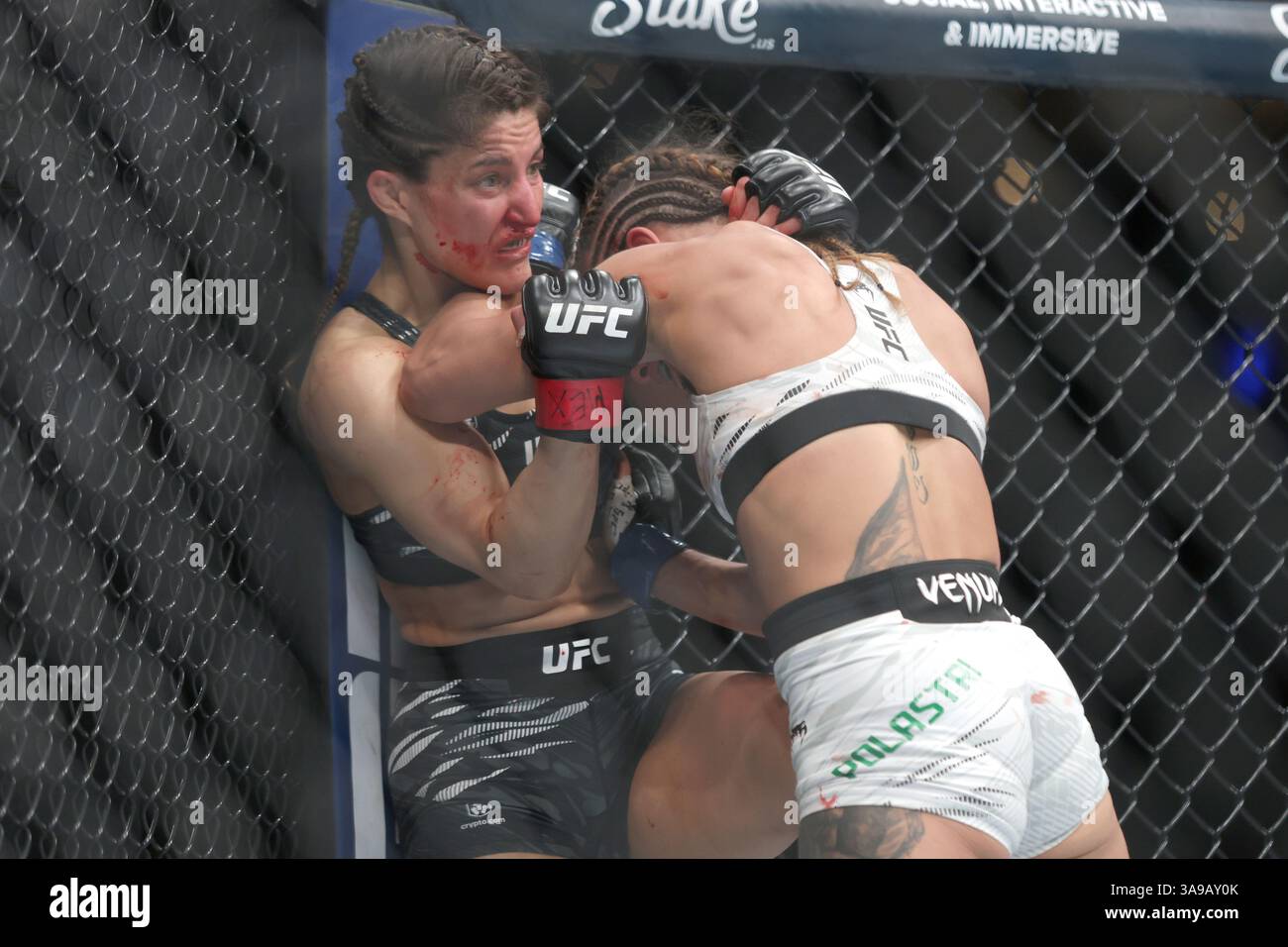Mexico City, Mexico. 30th Mar, 2025. Julia Polastri of Brazil (R) punches Loopy Godinez of Mexico in a strawweight fight during the UFC Fight Night event at Mexico City Arena. on March 29, 2025 in Mexico City, Mexico. (Photo by Ismael Rosas/ Eyepix Group/Sipa USA) Credit: Sipa USA/Alamy Live News Stock Photo