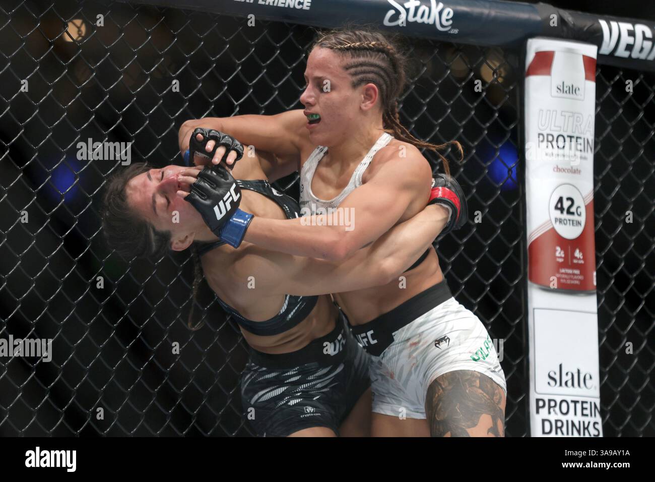 Mexico City, Mexico. 30th Mar, 2025. Julia Polastri of Brazil (R) punches Loopy Godinez of Mexico in a strawweight fight during the UFC Fight Night event at Mexico City Arena. on March 29, 2025 in Mexico City, Mexico. (Photo by Ismael Rosas/ Eyepix Group/Sipa USA) Credit: Sipa USA/Alamy Live News Stock Photo