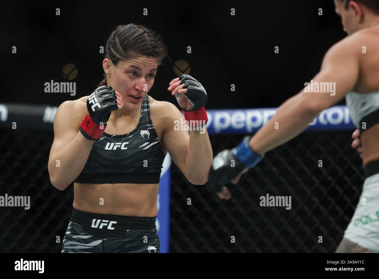 Mexico City, Mexico. 30th Mar, 2025. Loopy Godinez of Mexico (L) against Julia Polastri of Brazil in a strawweight fight during the UFC Fight Night event at Mexico City Arena. on March 29, 2025 in Mexico City, Mexico. (Photo by Ismael Rosas/ Eyepix Group/Sipa USA) Credit: Sipa USA/Alamy Live News Stock Photo