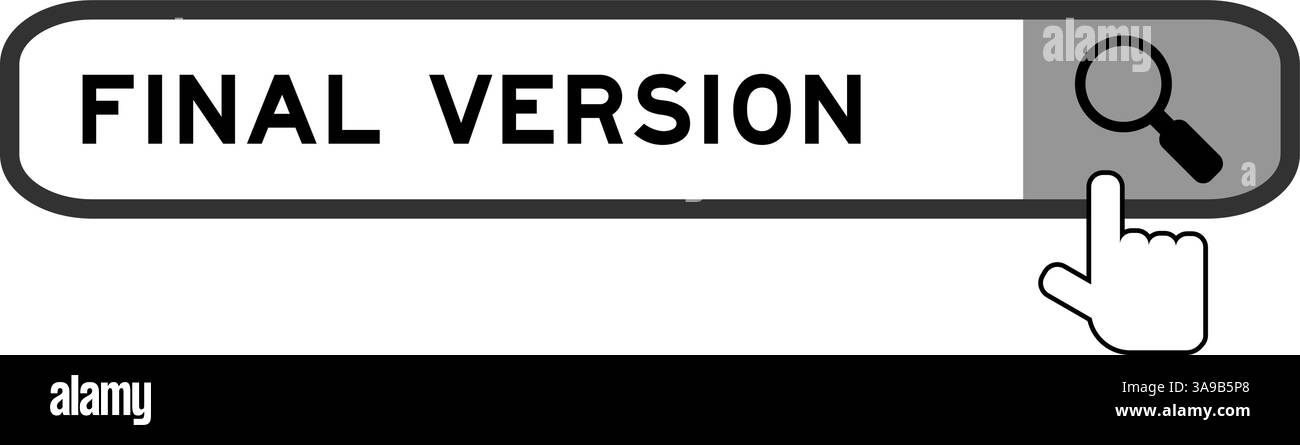 Search banner in word final version with hand over magnifier icon on white background Stock Vector
