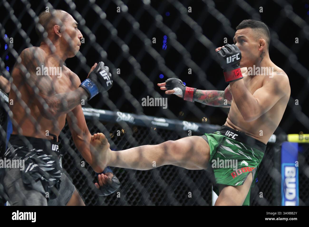 Mexico City, Mexico. 30th Mar, 2025. Ronaldo Rodriguez of Mexico (L) kicks Kevin Borjas of Peru in a flyweight fight during the UFC Fight Night event at Mexico City Arena. on March 29, 2025 in Mexico City, Mexico. (Photo by Ismael Rosas/ Eyepix Group/Sipa USA) Credit: Sipa USA/Alamy Live News Stock Photo