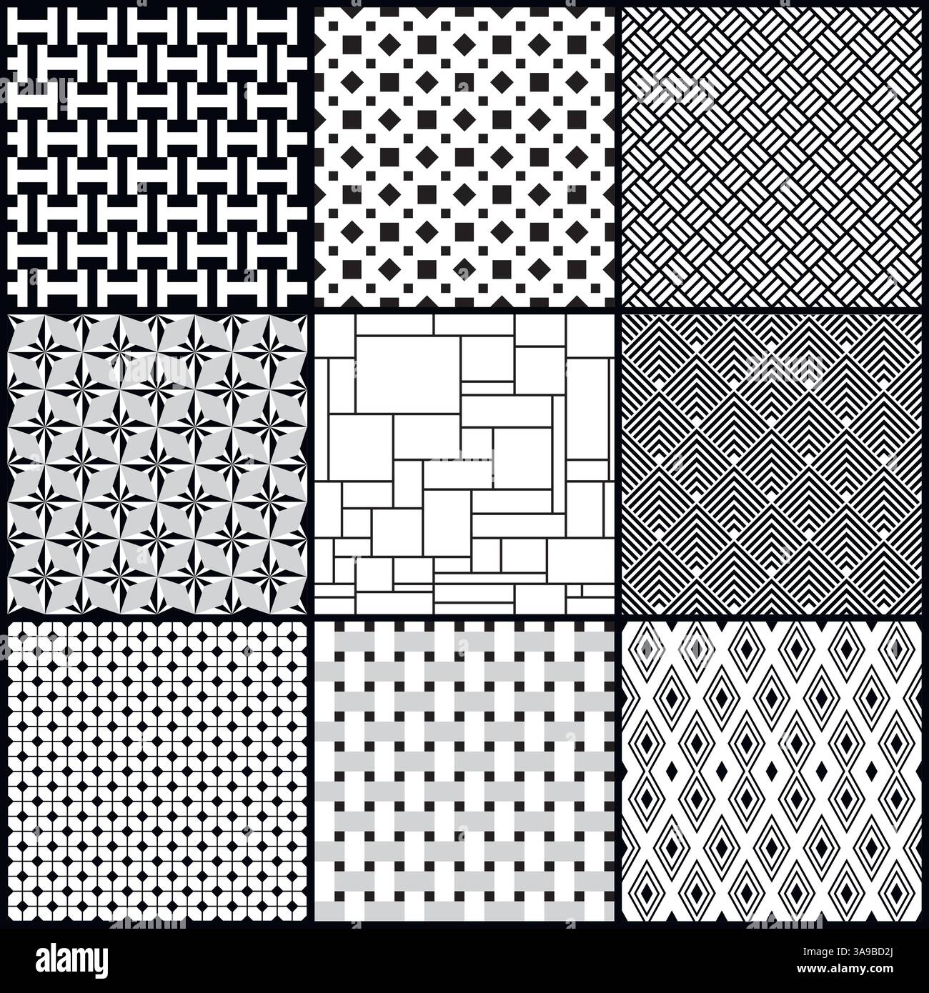 Set of nine black and white geometric seamless patterns. Vector Stock Vector