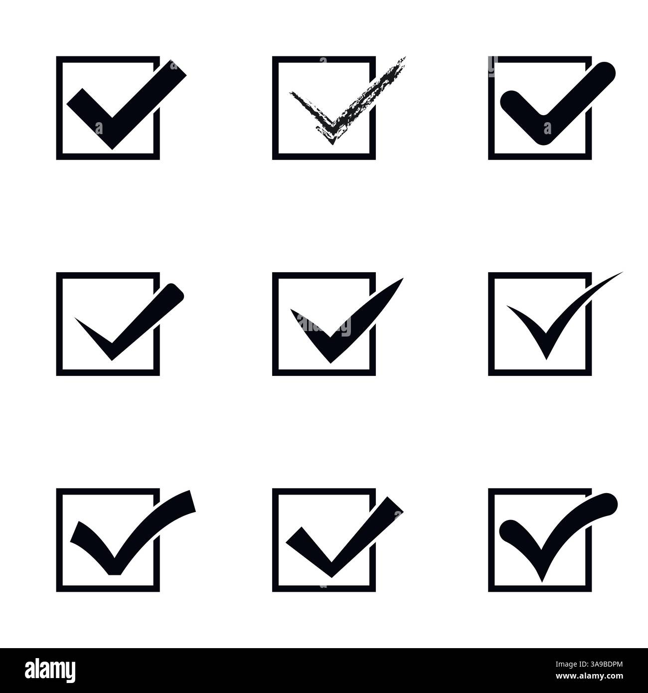 Set of nine different black and white check marks or ticks in square ...