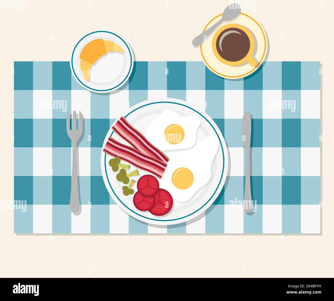 Breakfast. Table setting. Bacon and vegetables, egg, coffee and croissant Stock Vector