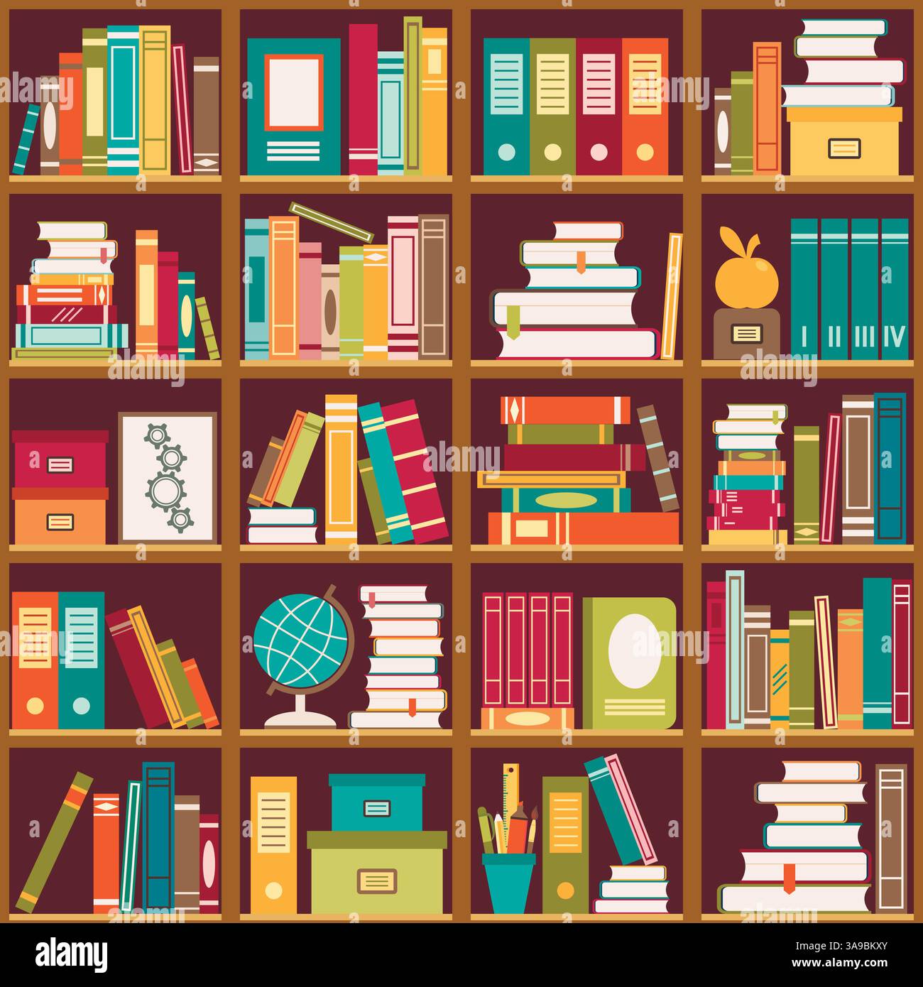 Seamless pattern with books on bookshelves. Vector illustration Stock Vector