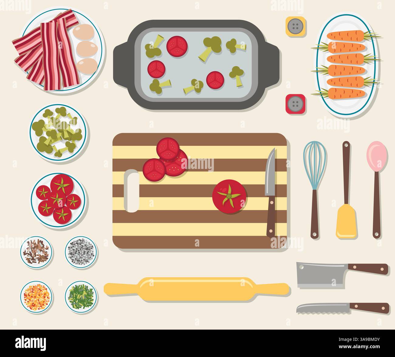 Process of cooking delicious food. Kitchen table with a cutting board and sliced vegetables Stock Vector