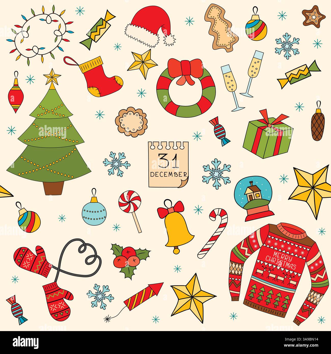 Winter and Christmas seamless pattern. Hand drawn vector elements Stock Vector
