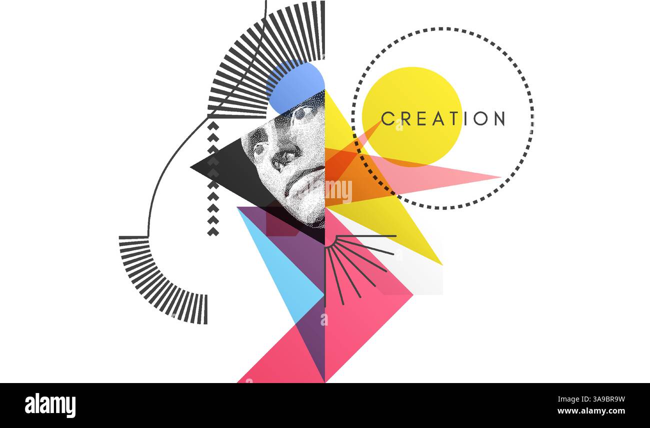 Art composition. Abstract transparency geometrical background. Digital human head constructing from cubes. Cover design template for presentation, ban Stock Vector