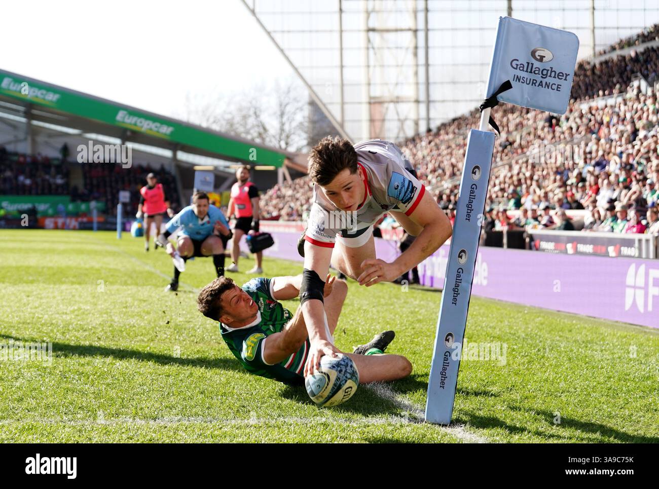 Saracens' Angus Hall scores his sides third try during the Gallagher ...