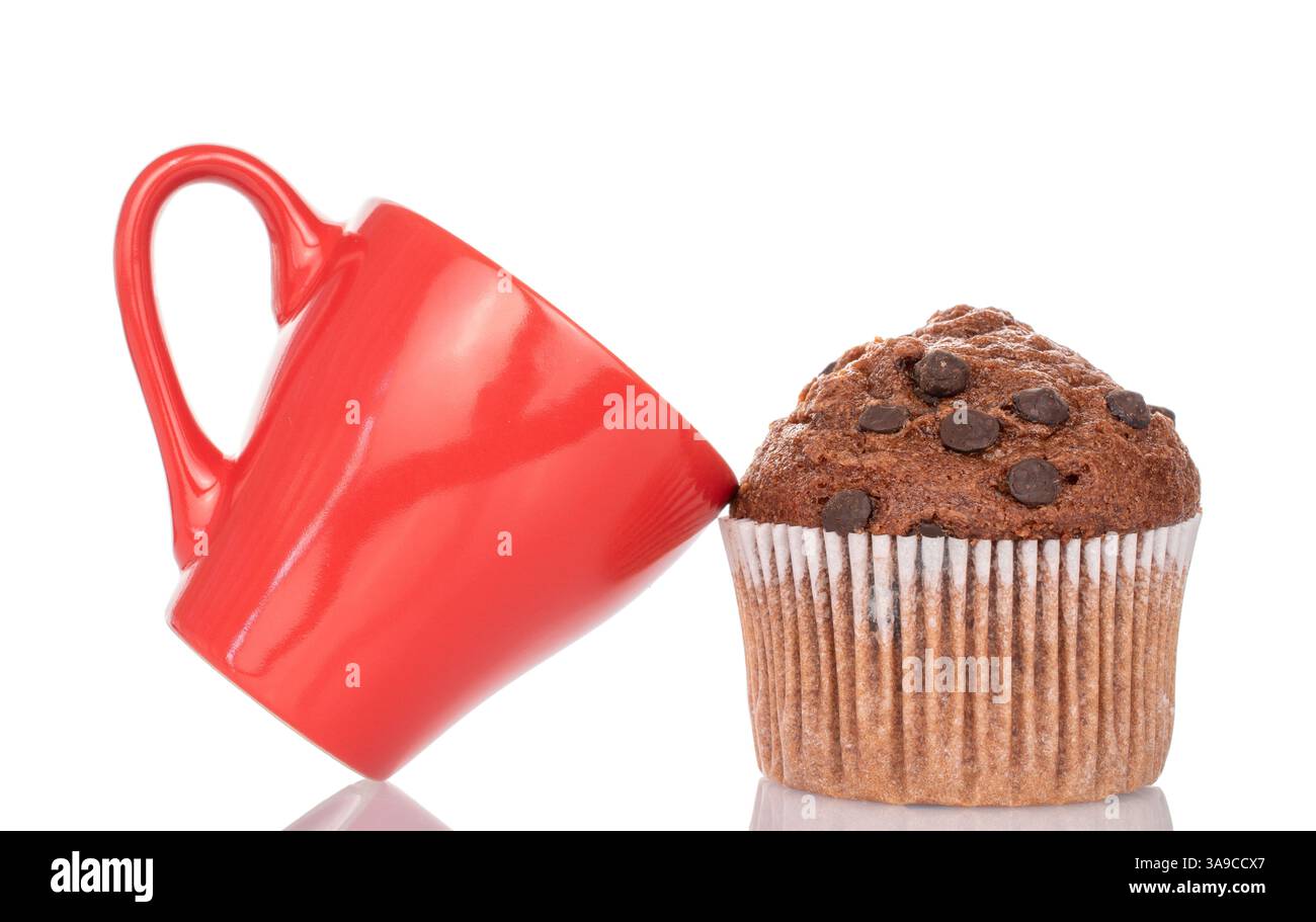 One chocolate cupcake with ceramic cup, isolated on white background ...