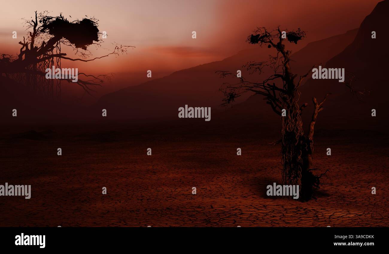 Surreal Dead Trees in Dystopian Desert Landscape at Sunset - 3D Illustration Stock Photo