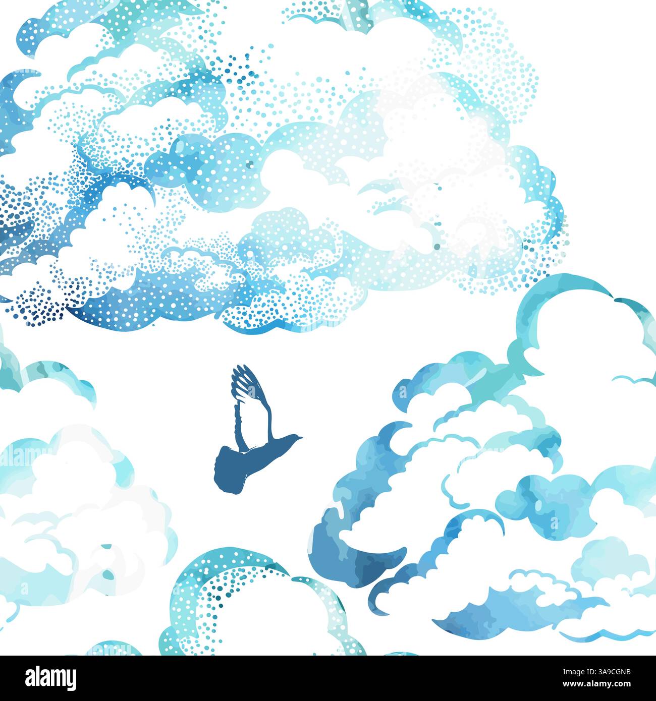 Clouds seamless background with flying birds . hand drawn. Not AI, Vector illustration Stock Vector