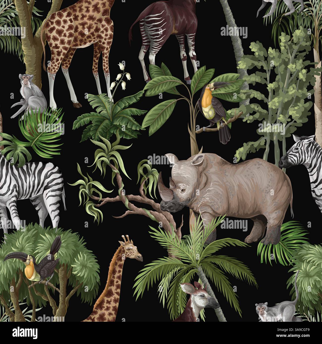 Seamless pattern with jungle animals and trees. Palm trees, giraffe ...