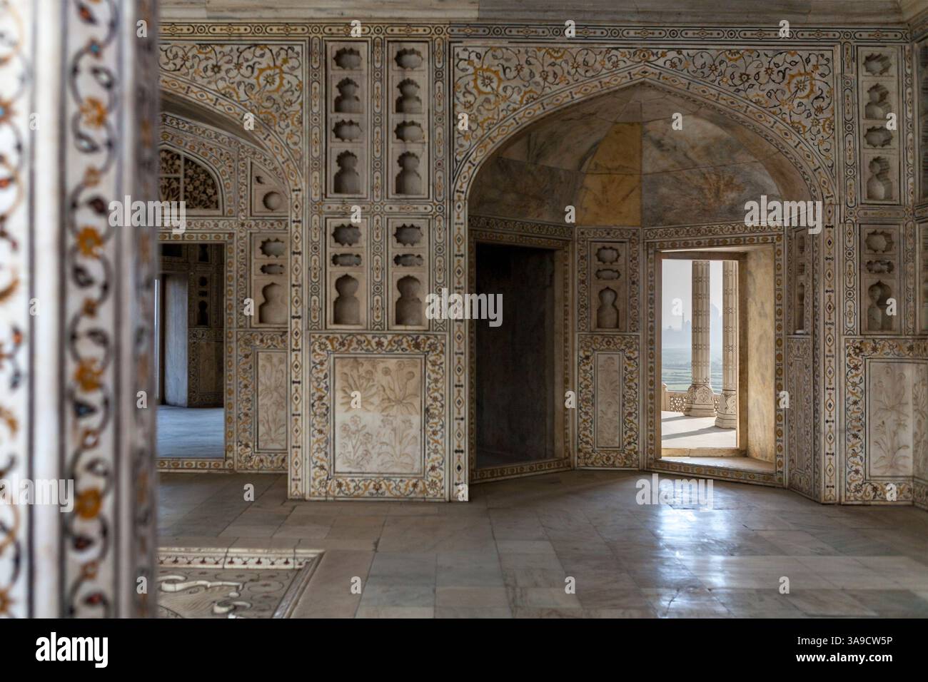 Interior of the Musamman Burj at Agra Fort, with a distant view of the ...
