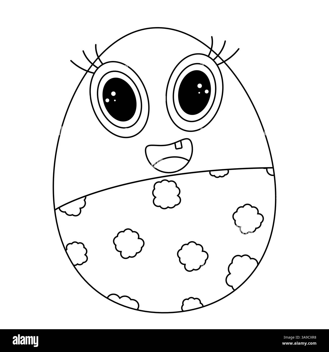 Monochrome Easter coloring page with a smiling anthropomorphic baby Easter egg in clouds pants. Perfect for coloring book and kids activities. Stock Vector