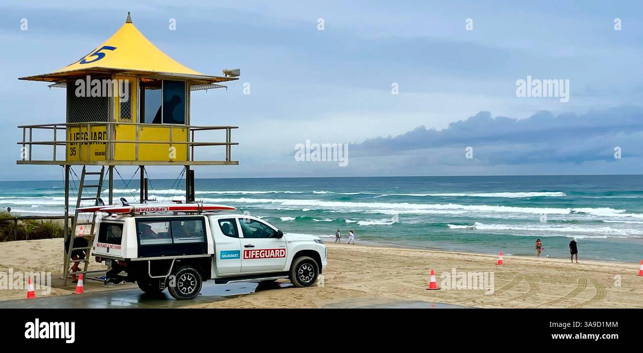The beach and lifeguard station at Surfers Paradise on Australia's Gold Coast in Queensland. - Smartphone Captured Stock Image