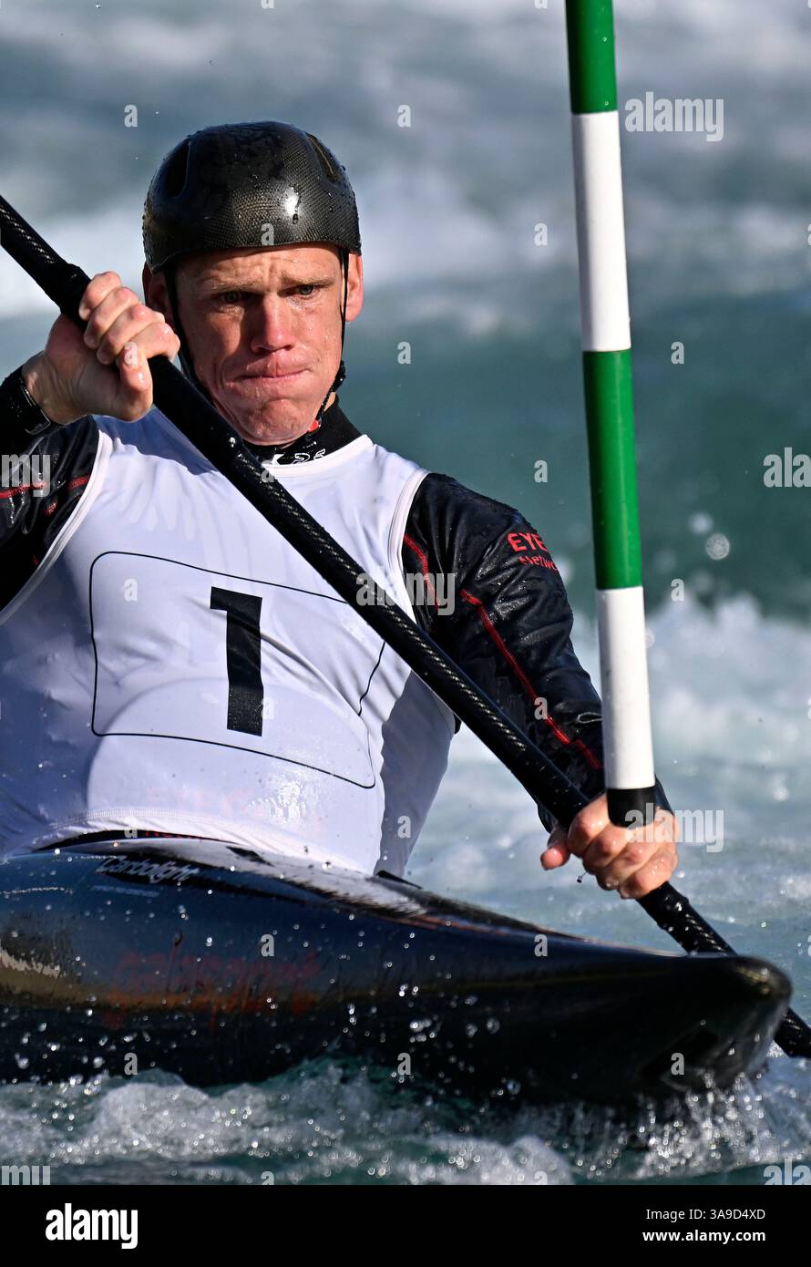 Waltham Cross, United Kingdom. 29th Mar, 2025. British team selection. Lee Valley White Water Centre.Huw Swetnam during canoe slalom team selection at Lee Valley White Water Centre, United Kingdom. Credit: Sport In Pictures/Alamy Live News Stock Photo
