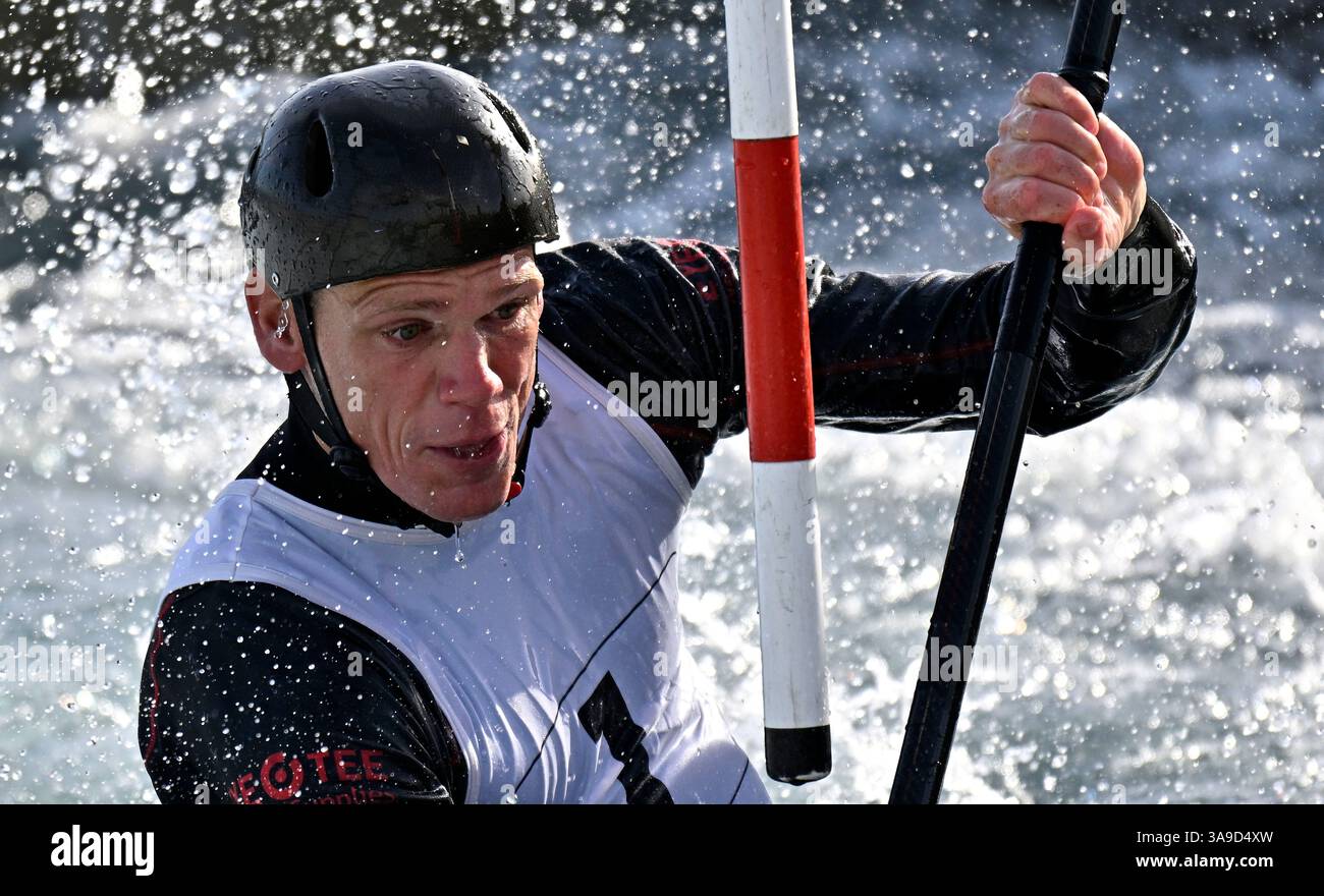 Waltham Cross, United Kingdom. 29th Mar, 2025. British team selection. Lee Valley White Water Centre.Huw Swetnam during canoe slalom team selection at Lee Valley White Water Centre, United Kingdom. Credit: Sport In Pictures/Alamy Live News Stock Photo