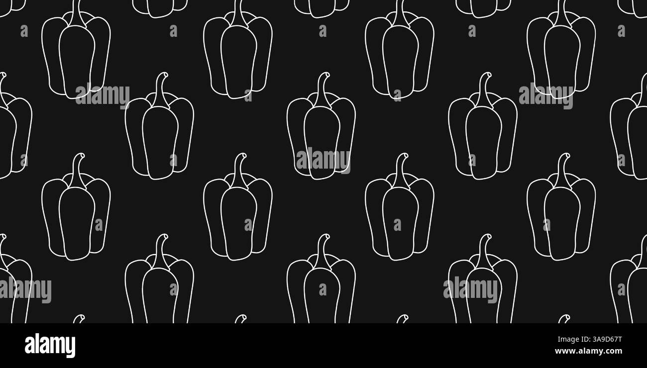 Simple black and white pattern featuring outlined bell peppers on a dark background Stock Vector