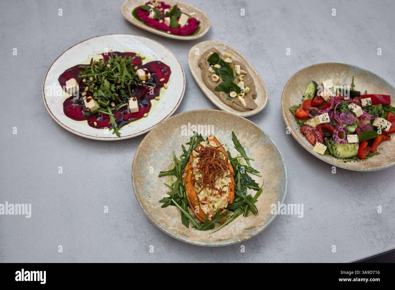 Assorted Gourmet Vegetarian Dishes on Rustic Plates Stock Photo