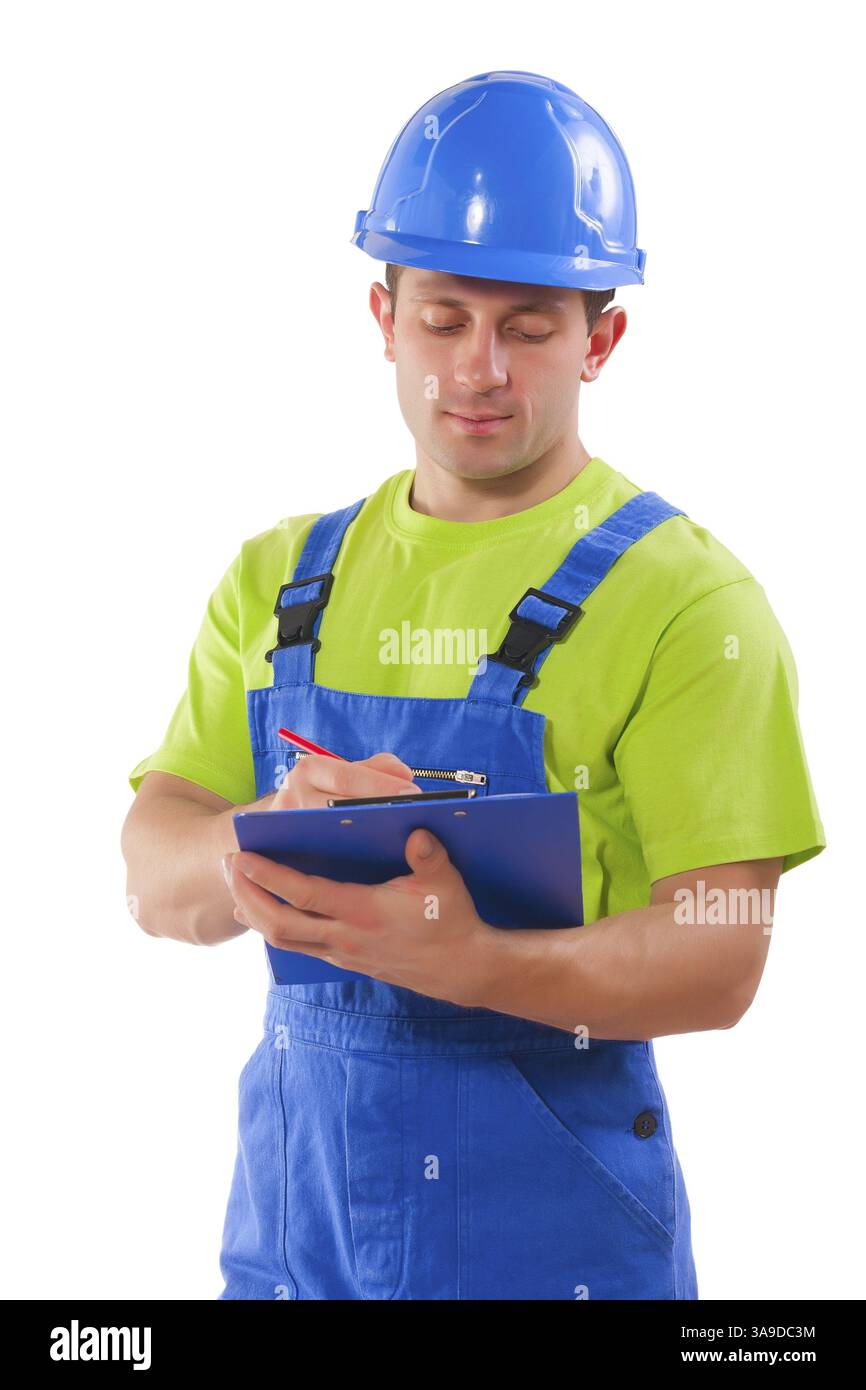 Worker writing in clipboard isolated Stock Photo