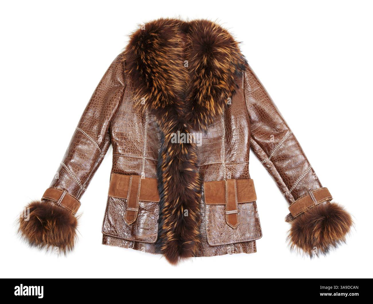 Brown sheepskin coat with fur Isolated on white background Stock Photo