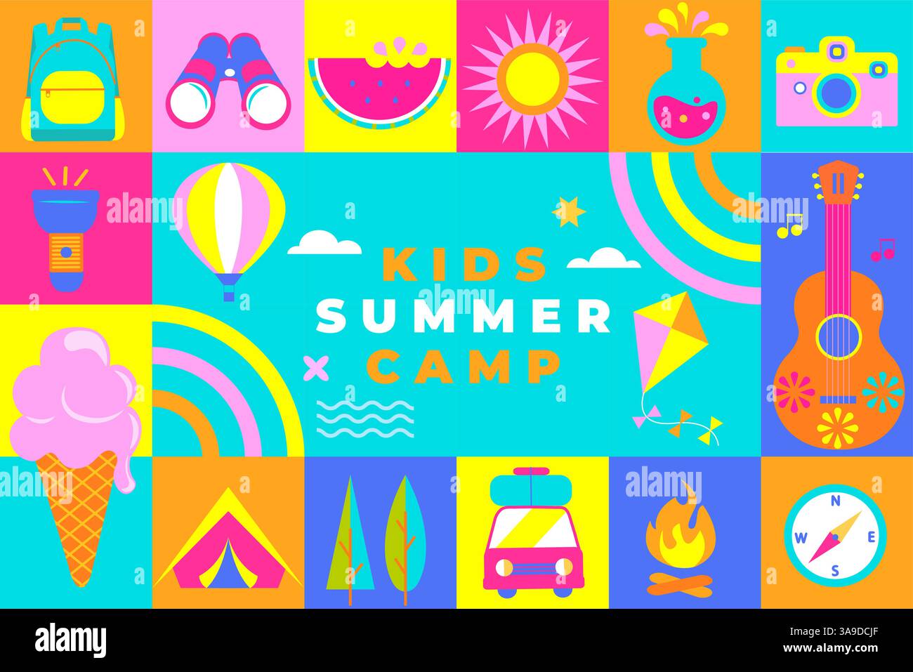 Kids Summer camp bright geometric flyer. Stock Vector