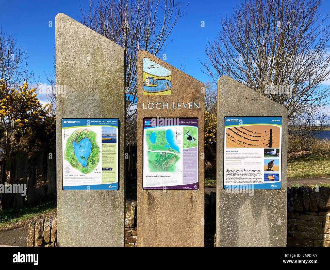 Information Boards at RSPB Loch Leven National Nature Reserve, Kinross, Scotland - Smartphone Captured Stock Image