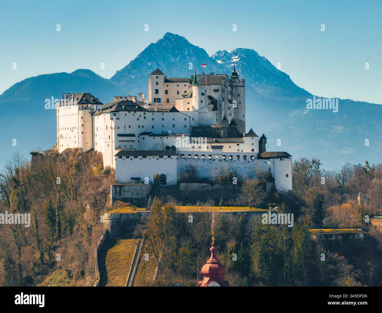 Aerial View of Hohensalzburg Fortress and Snow Capped Alps in Salzburg ...