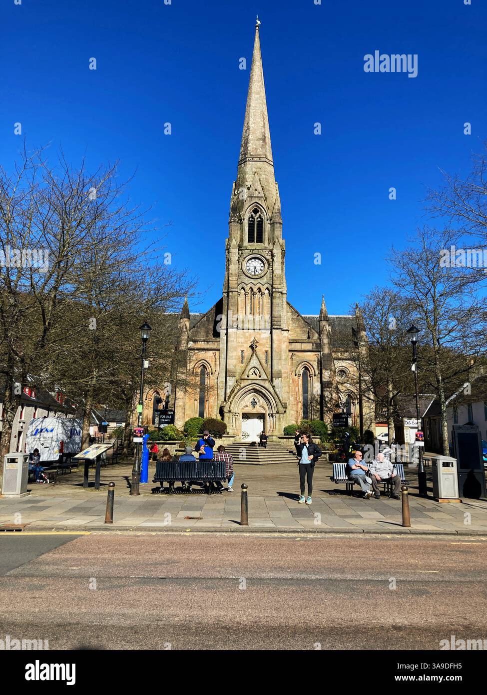 Former Rob Roy & Trossachs Visitor Centre and St. Kessogs Church, Ancaster Square, Callander Scotland - Smartphone Captured Stock Image