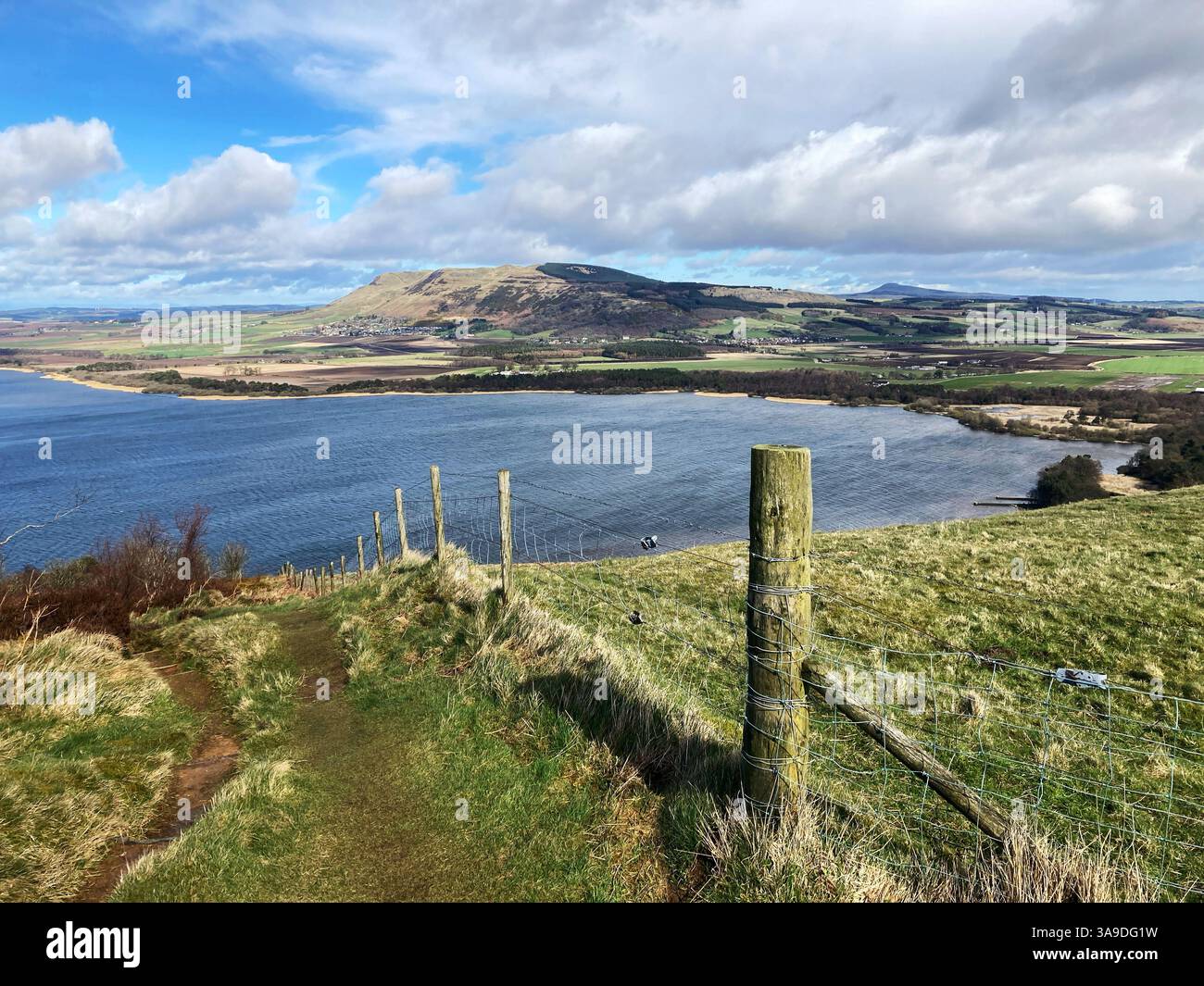 View of RSPB Loch Leven National Nature Reserve and Munduff Hill from Vane Hill on one of the walking trails, Kinross Scotland - Smartphone Captured Stock Image