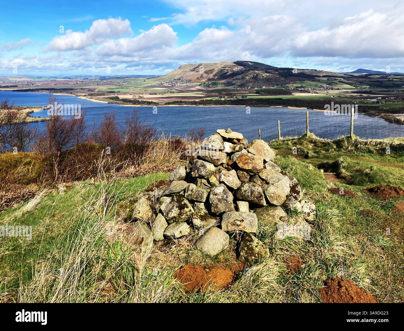 View of RSPB Loch Leven National Nature Reserve and Munduff Hill from the cairn on Vane Hill walking trail, Kinross Scotland - Smartphone Captured Stock Image