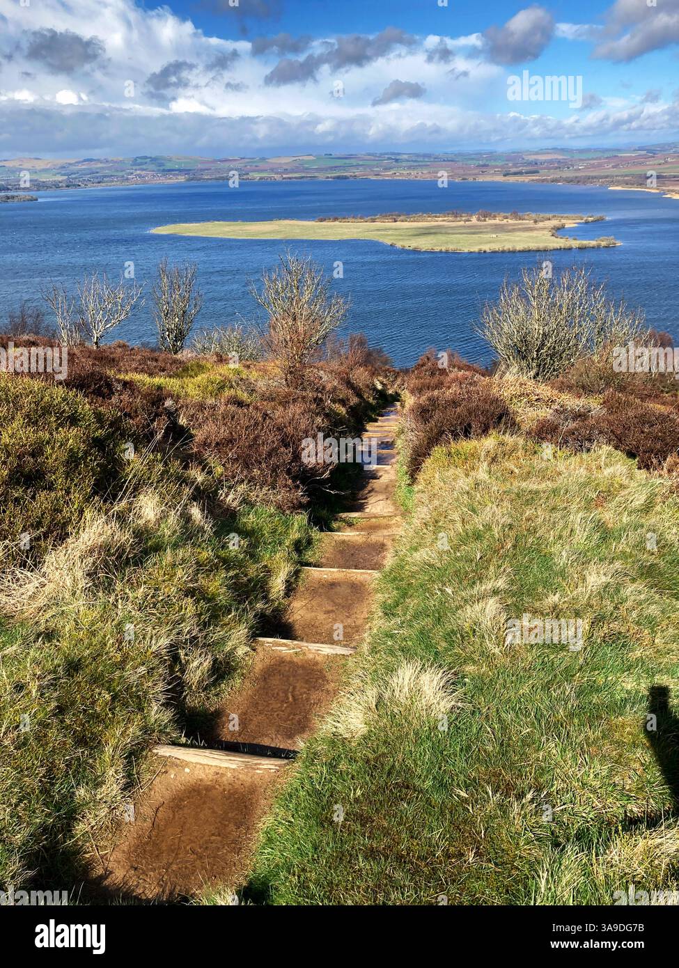 View of RSPB Loch Leven National Nature Reserve and St. Serfs island from Vane Hill on one of the walking trails, Kinross Scotland Stock Photo