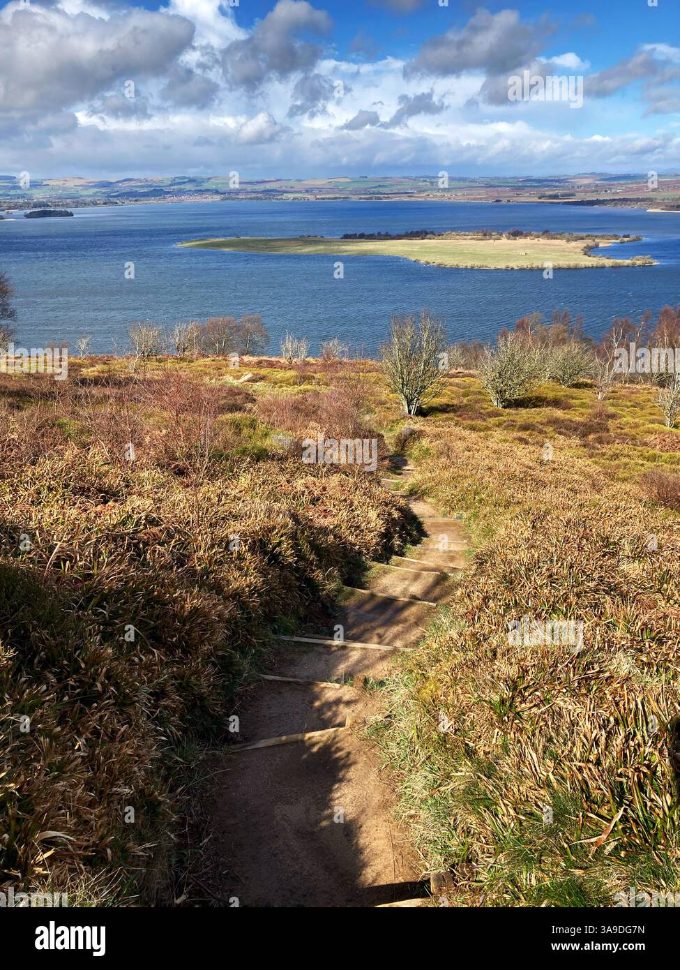 View of RSPB Loch Leven National Nature Reserve and St. Serfs island from Vane Hill on one of the walking trails, Kinross Scotland - Smartphone Captured Stock Image