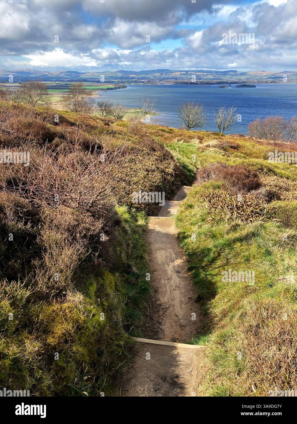 View of RSPB Loch Leven National Nature Reserve from Vane Hill on one of the walking trails, Kinross Scotland - Smartphone Captured Stock Image